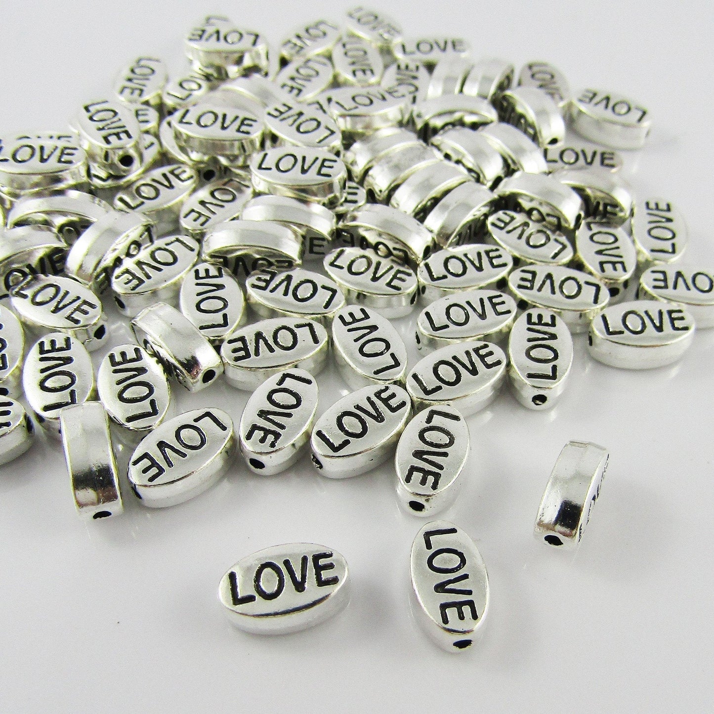50pcs Oval Love Message Spacer Beads 10x6x4mm Hole 1mm Antique Silver
