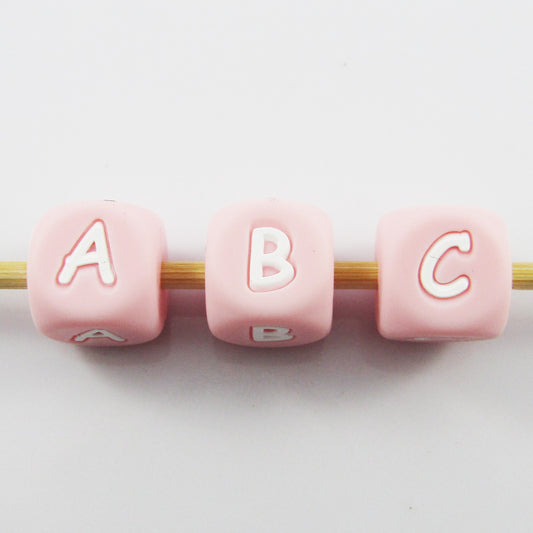 A-Z 26pc Set Pink Cube Letter Silicone Bead 12mm Hole 2mm Keychains Lanyards