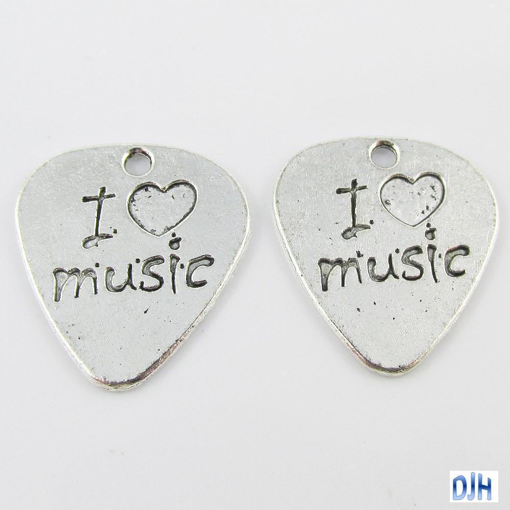 Bulk I Love Music Charm Pendant Guitar Pick Message Tag 24x22mm Select Qty