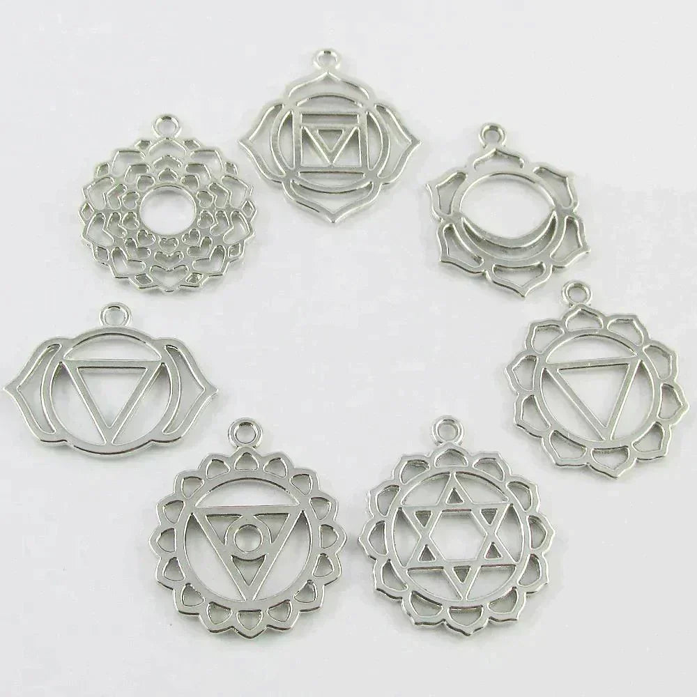 Set of 7 Chakra Charm Pendants Healing Select Bronze, Silver or Gold Plate