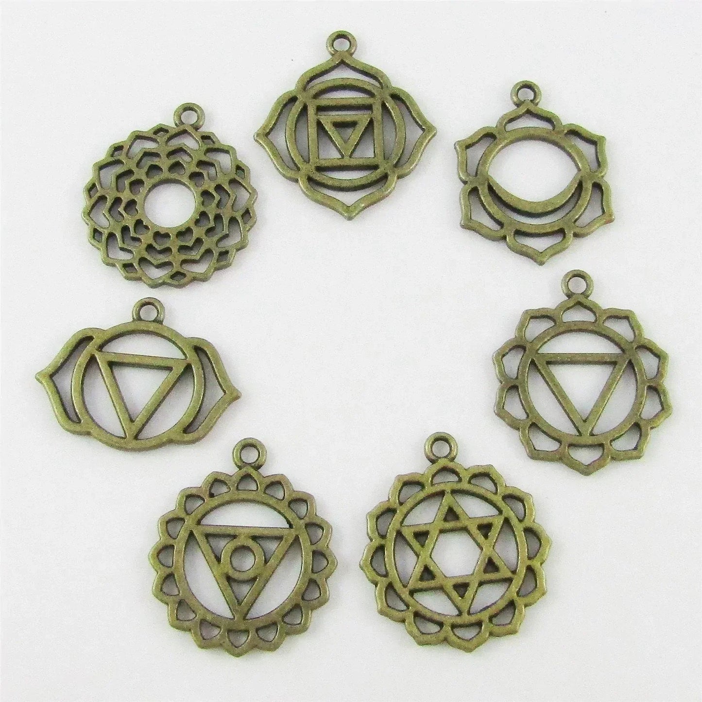 Set of 7 Chakra Charm Pendants Healing Select Bronze, Silver or Gold Plate