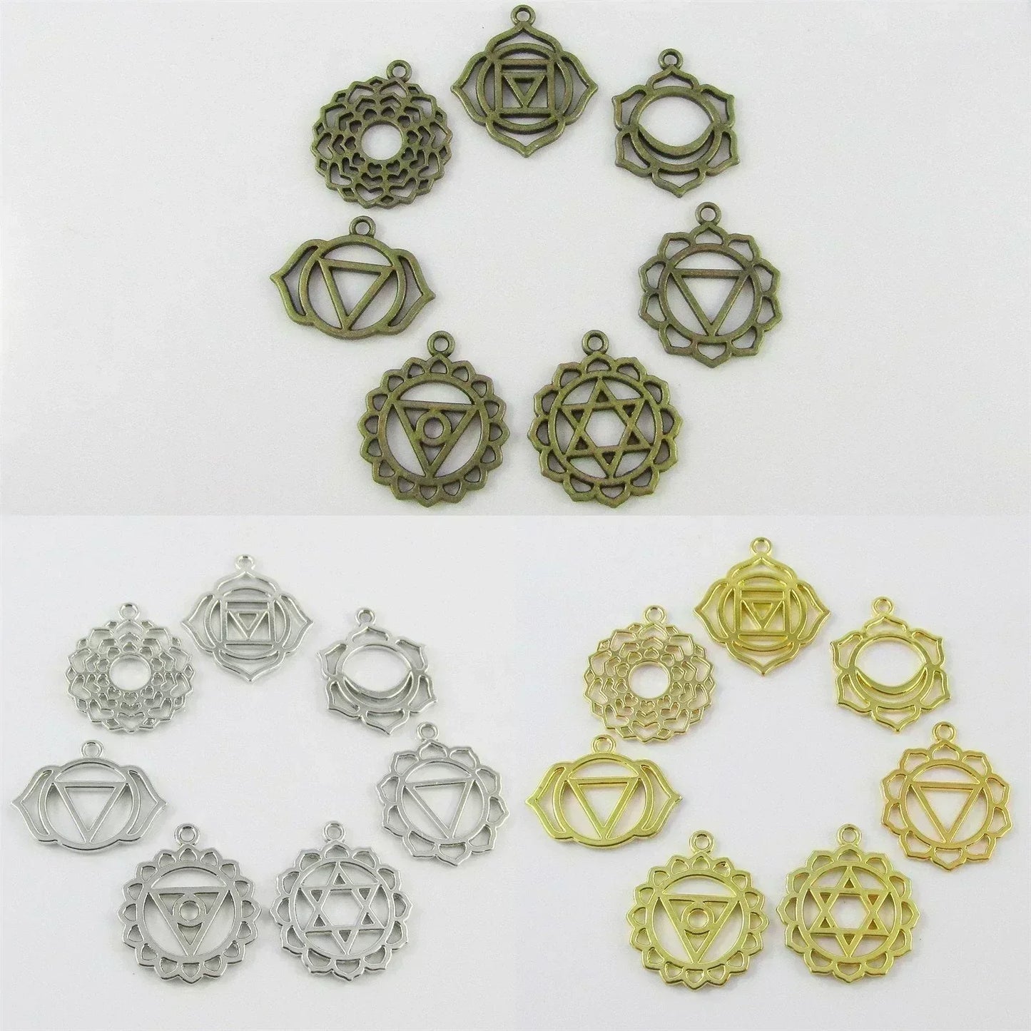 Set of 7 Chakra Charm Pendants Healing Select Bronze, Silver or Gold Plate