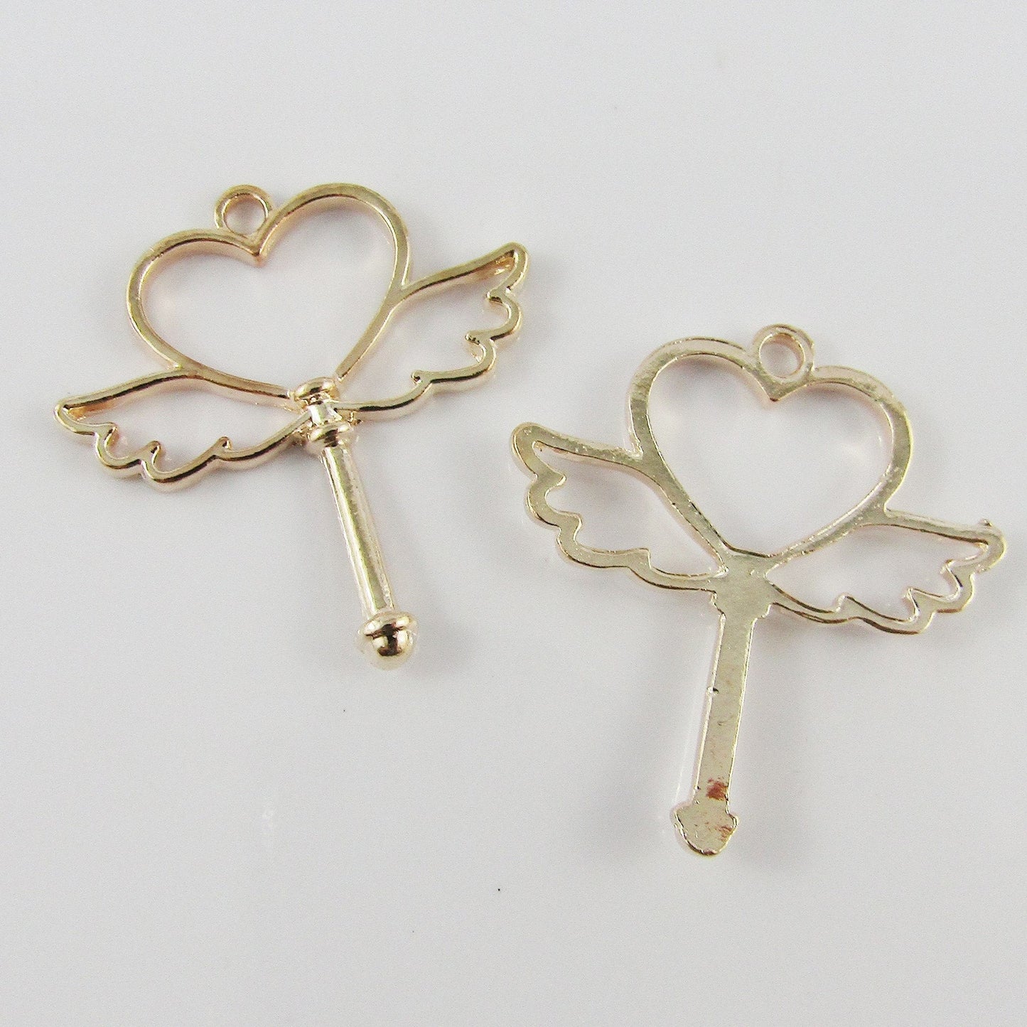 10pcs Wing Heart Fairy Wand Charm Pendant Light Rose Gold 38x35mm Open Bezel