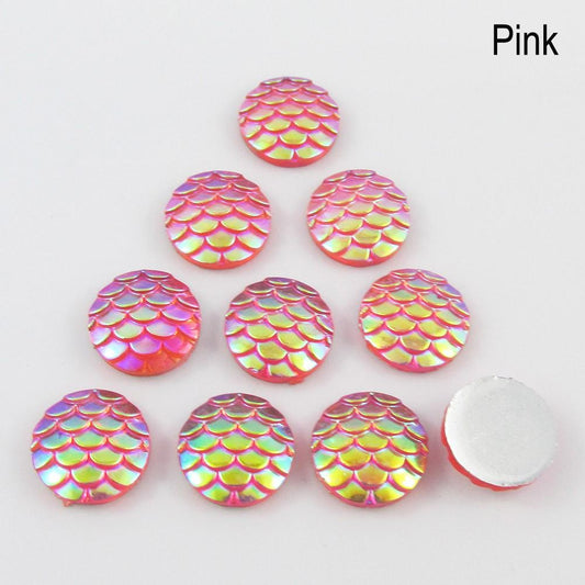 10pcs DIY Resin AB Mermaid Scale Cabochon 12mm Round Flat Back Select Colour