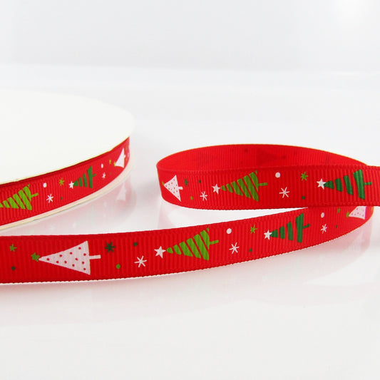 3metres Printed Christmas Trees Grosgrain Ribbon 9mm Red or White