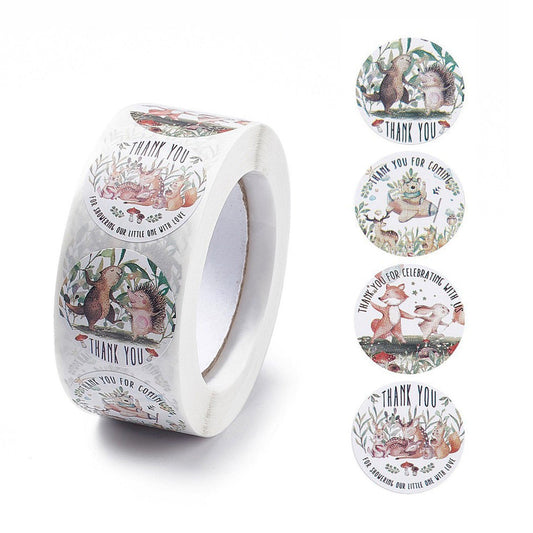 1 Roll 500pcs Baby Shower Thank you Cute Critters Sticker lables 4 Patterns 25mm