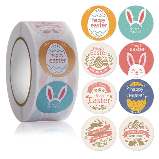 1 Roll 500pcs Easter Egg Happy Easter Message Sticker Lables 8 Designs 25mm