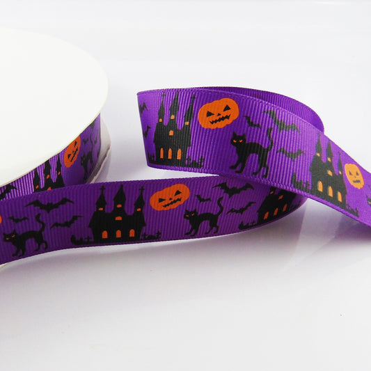 3metres Halloween Print Haunted House Grosgrain Ribbon 25mm Select Colour