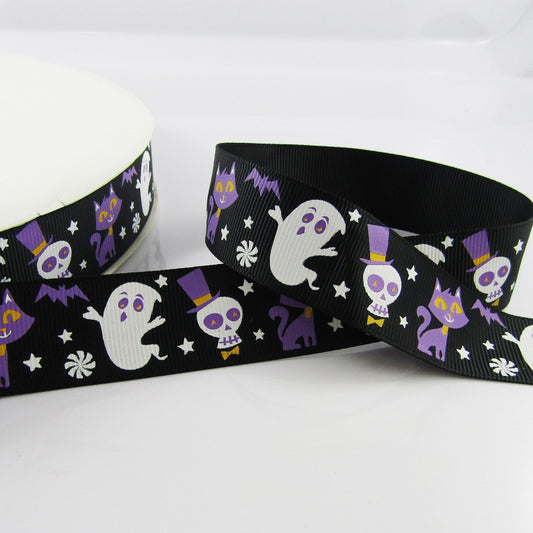 3metres Halloween Print Ghost Cat Skeleton Grosgrain Ribbon 25mm Select Colour