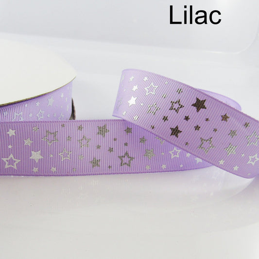 3metres Printed Silver Star Grosgrain Ribbon Single Face 25mm Select Colour