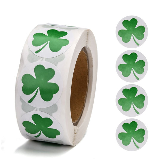 1 Roll 500pcs St Patricks Day Shamrock Clover Leaf Paper Sticker Labels 25mm