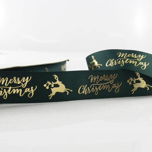 3metres Metallic Reindeer Merry Christmas Grosgrain Ribbon 25mm Green or Red