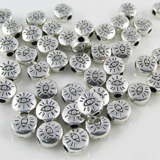 50pcs Round Disc Evil Eye Spacer Beads Tibetan Style 6mm Hole 1.8mm