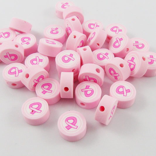 Bulk 50pcs Polymer Clay Breast Cancer Awareness Ribbon Beads 9x4mm Hole 1.5mm