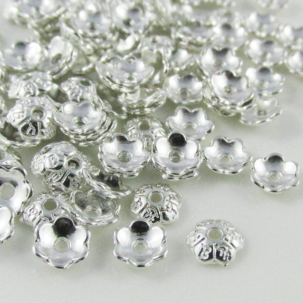 Bulk 50pcs 6 Petal Flower Bead Cap Silver Plate 6x2mm Hole 1mm