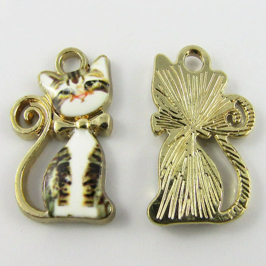 Bulk 10pce Enamel Tabby Cat White Charm Pendant Pets Animals 16x15mm