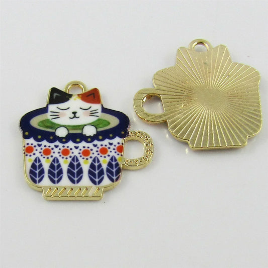 Bulk 10pce Enamel Kitten in a Teacup Charm Blue Cat Lover Charm 23x23mm