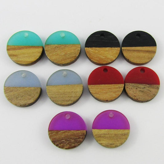 Bulk 10pcs Resin & Wood Round Disc Charm Pendant 15mm Select Colour