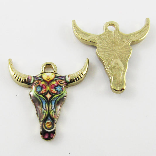 Bulk 10pce Enamel Colourful Long Horn Cattlehead Charm Pendant 22x21mm