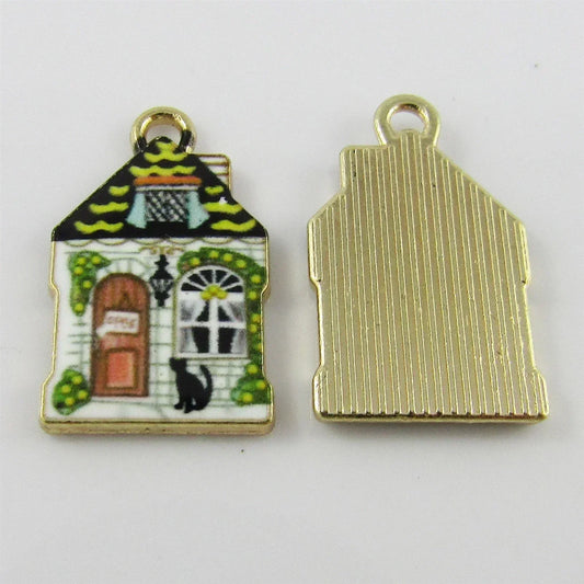 Bulk 10pce Enamel Cottage House Charm Black English Village Cottage 22x13mm