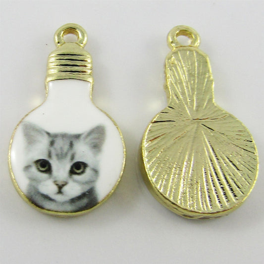 Bulk 10pce Enamel Cat in a Light Bulb Charm Cat Lover Charm 22x12mm