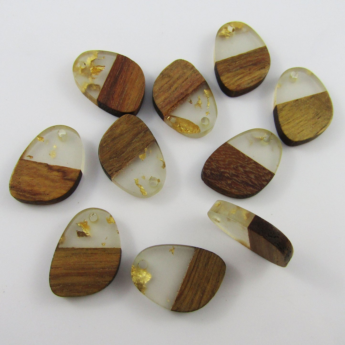 Bulk 6pcs Resin & Wood Teardrop with Foil Charm Pendant Organic Gold or Silver