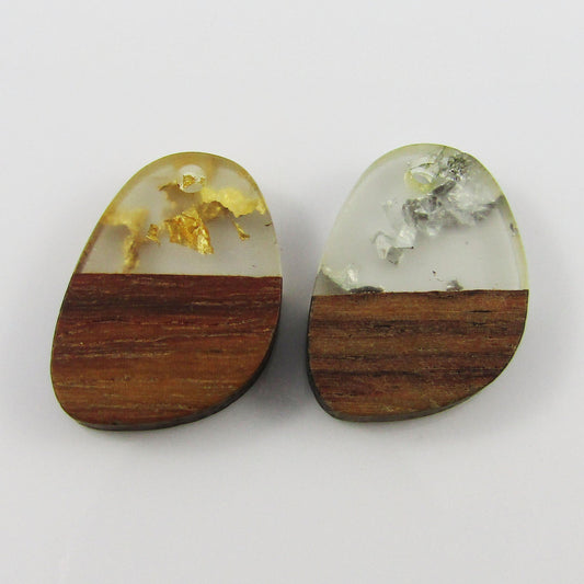 Bulk 6pcs Resin & Wood Teardrop with Foil Charm Pendant Organic Gold or Silver