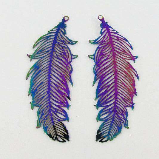 Bulk 6pce Laser Cut Feather Charm Pendant Earring Component SSteel 47x19mm