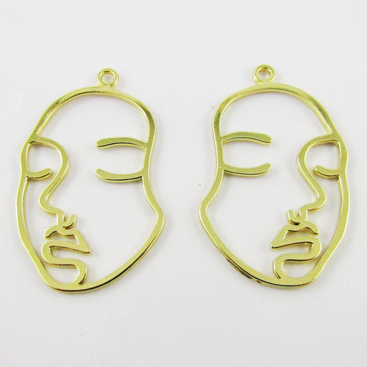 6pcs Abstract Face Serene Girl Charm Pendant Gold Plate 44x29mm Open Bezel