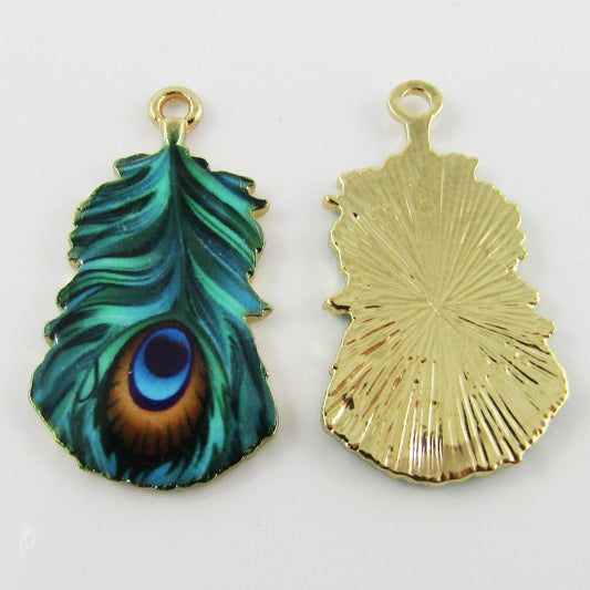 Bulk 10pce Enamel Peacock Feather Charm Pendant 32x18mm
