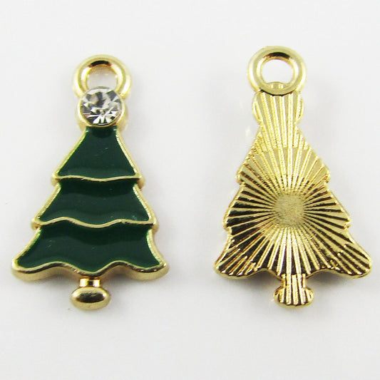 Bulk 10pce Enamel Rhinestone Christmas Tree Charm Pendant 20x11mm