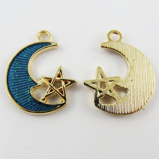 Bulk 10pce Enamel Glitter Blue Moon Star Alloy Charm Pendant 15x19mm