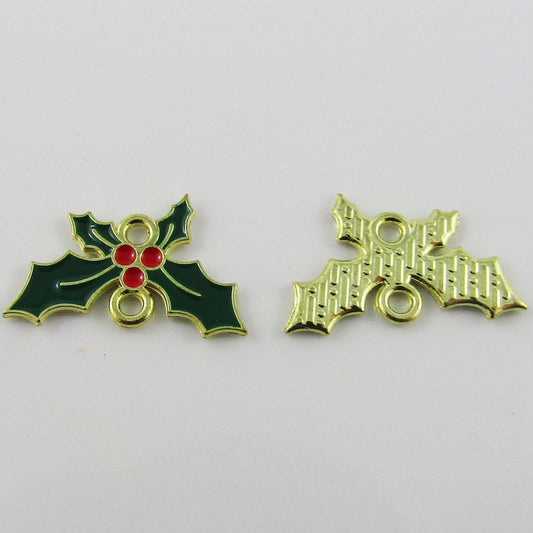 Bulk 10pce Enamel Holly Leaves Connector Charm Pendant Christmas 13x20mm