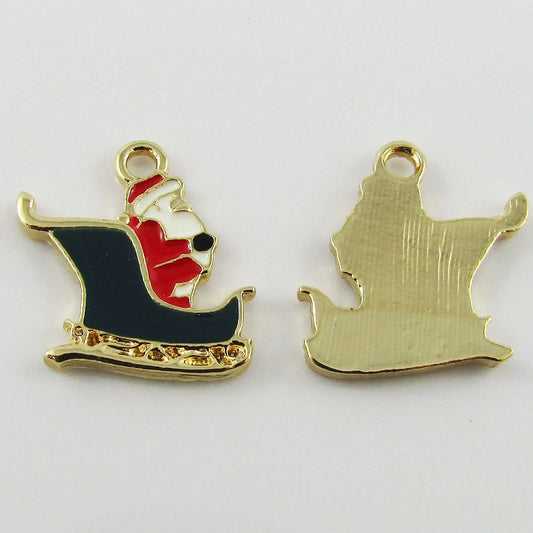 Bulk 10pce Enamel Santa's Sleigh Charm Pendant Christmas 18x17mm