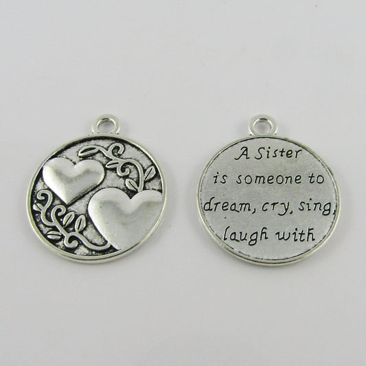 Bulk Double Hearts A Sister Charm Pendant Family Alloy 24x29mm Select Qty