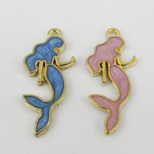 Bulk 10pce Enamel Mermaid Charm Pendant Light Gold & Blue or Pink 29x13mm