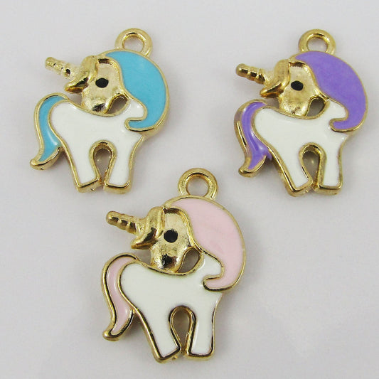 Bulk 10pce Enamel Unicorn Charm Pendant Light Gold & Blue Lilac or Pink 20x15mm