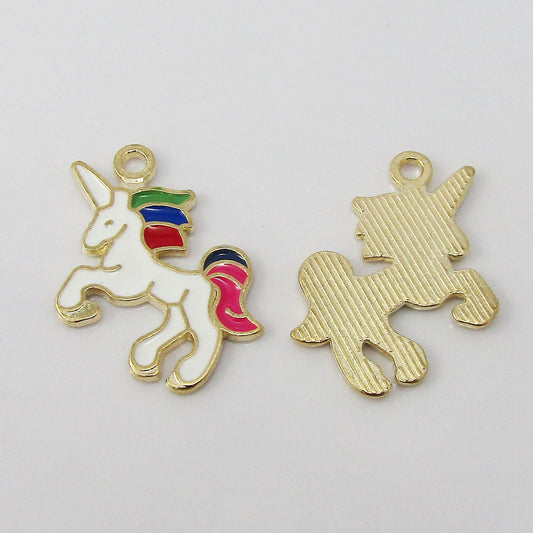Bulk 10pce Enamel Rainbow Unicorn Charm Pendant Light Gold Colourful 20x22mm