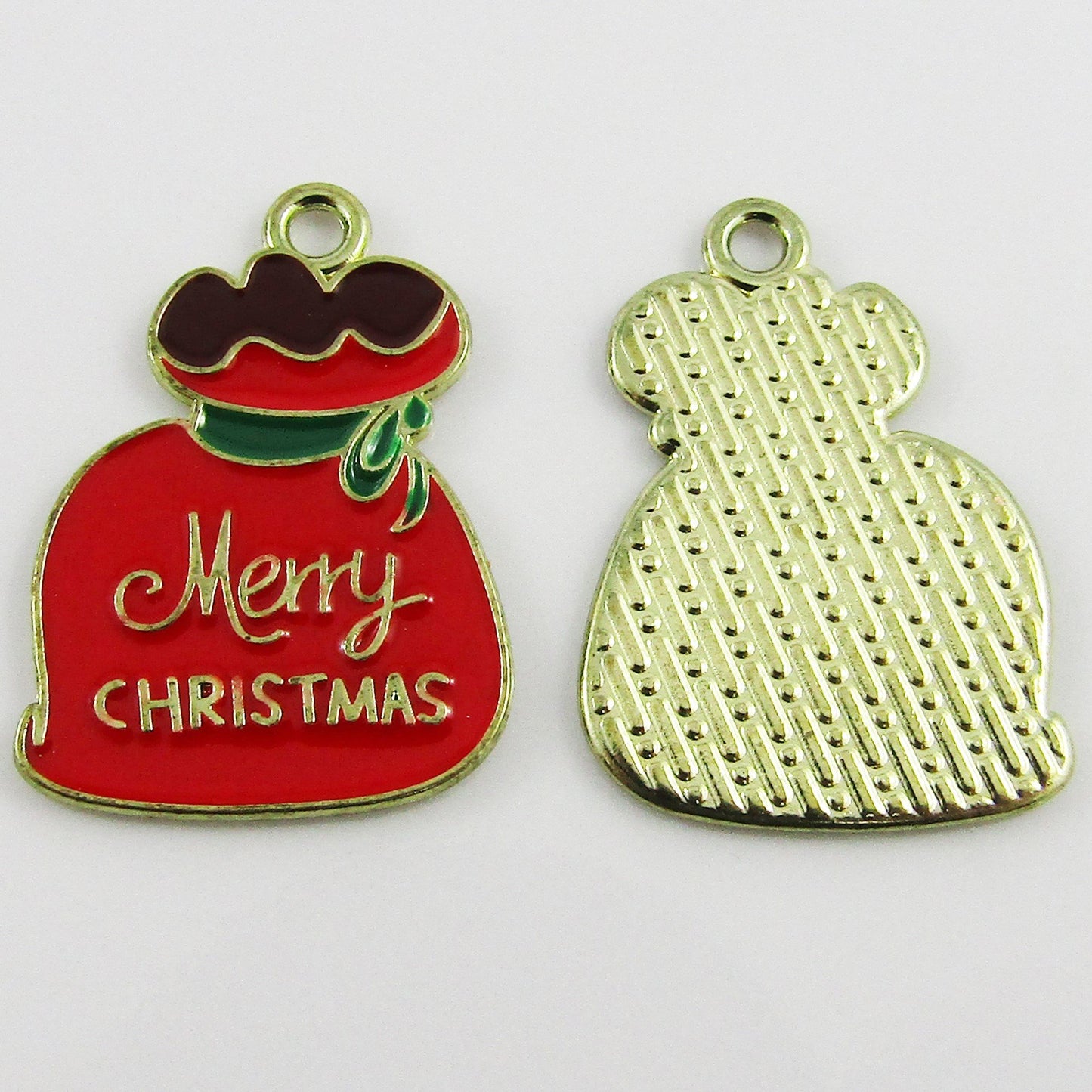 Bulk 10pce Enamel Santa Sack Charm Pendant RED Merry Christmas 24x17mm