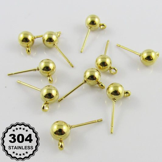 Bulk 20pcs (10sets) DIY Ball Post Stud Earring Finding Gold 17x6mm 304 Stainless