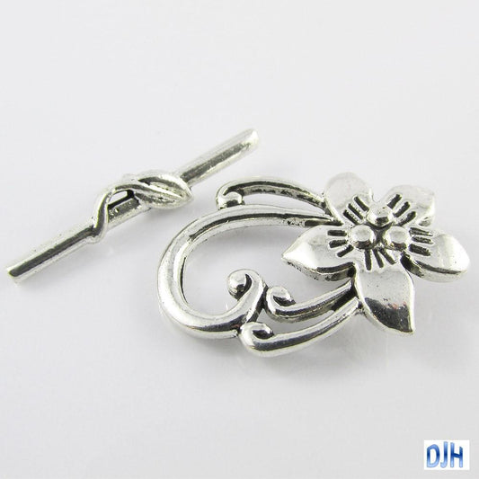 Bulk 5 sets DIY Flower Toggle Clasp Finding 30x20mm Antique Silver