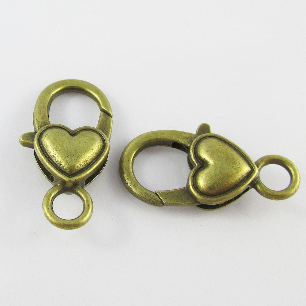 5pk Heart Lobster Clasp 26x15x6mm Hole 4mm Silver Plate or Antique Bronze