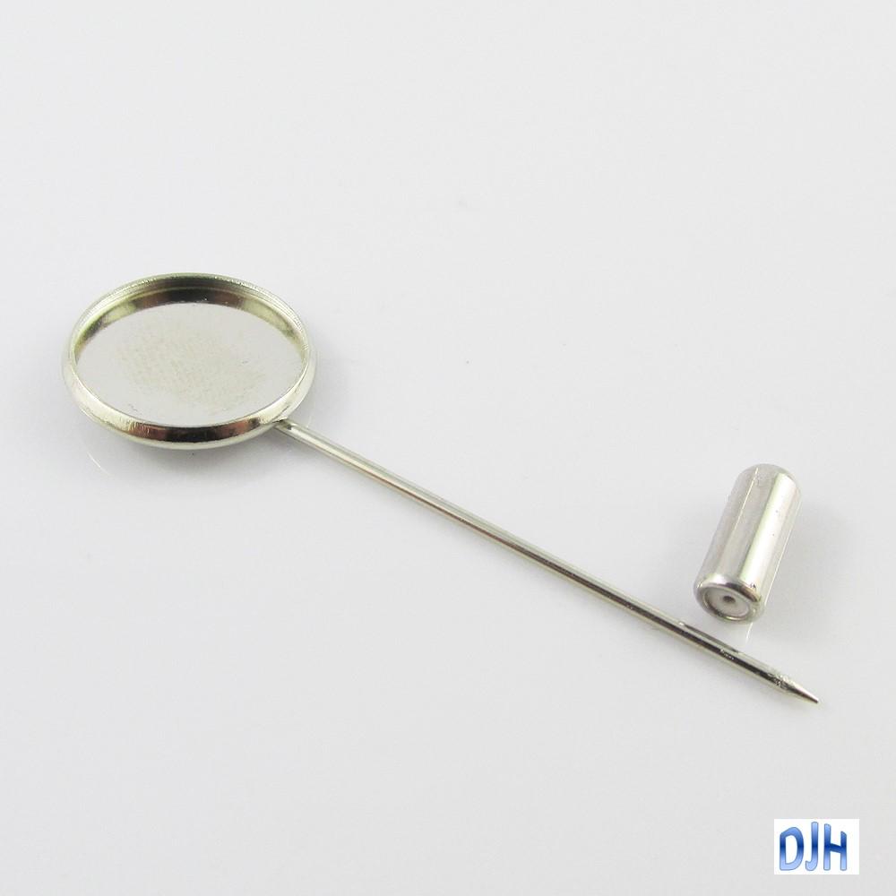 Bulk 5pk DIY Round Cabochon Setting Stick Pin Brooch Silver Plate 50mm
