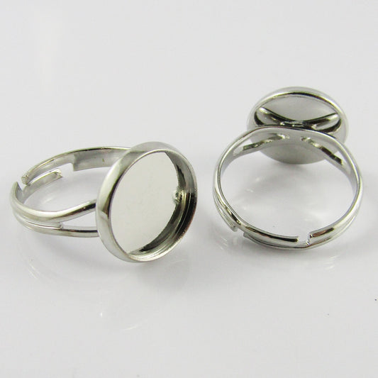 Bulk 10pce DIY Adjustable Ring Base 12mm Cabochon Setting 17mm Silver Tone