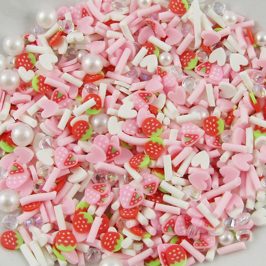 20g Mixed Strawberry Heart Polymer Clay Wafer Sprinkles with Crystals & Pearls