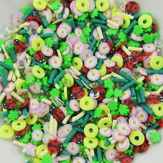 20g Mixed Ladybug Garden Polymer Clay Wafer Sprinkles with Crystals & Pearls