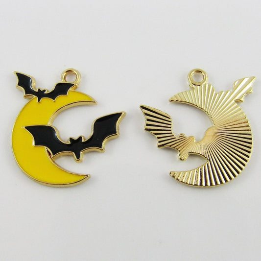 Bulk 10pce Enamel Crescent Moon Bat Charm Pendant Halloween 25x24mm