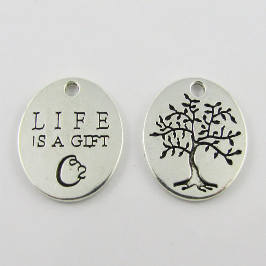 BULK Life is a Gift Tree Message Disc Charm Pendant 20x18mm Select Qty