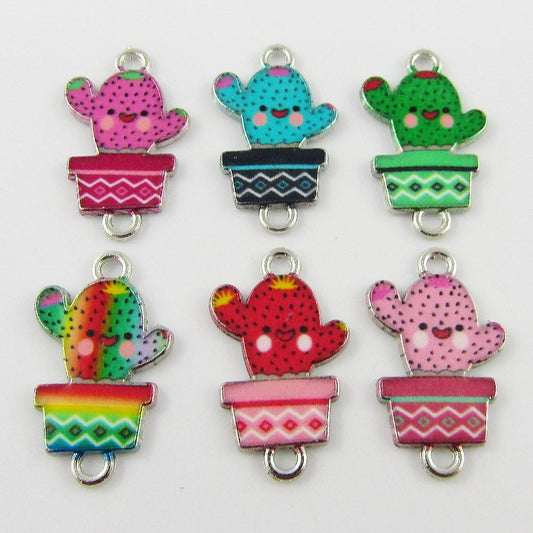 Bulk 10pcs Enamel Happy Cactus Charm Connector 22x13x1.5mm Hole 1.6mm