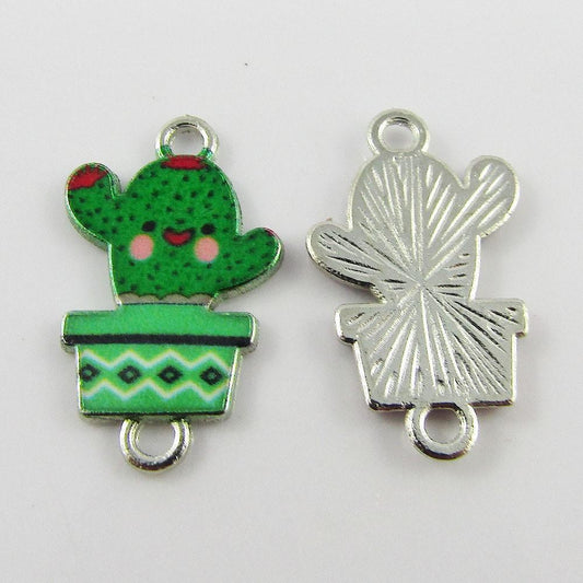 Bulk 10pcs Enamel Happy Cactus Charm Connector 22x13x1.5mm Hole 1.6mm